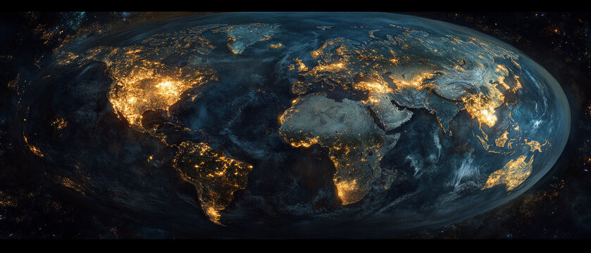 A night-time map of Earth with bright lights from megacities highlights global energy consumption and urbanisation, making it ideal as an analytical backdrop for environmental reports.