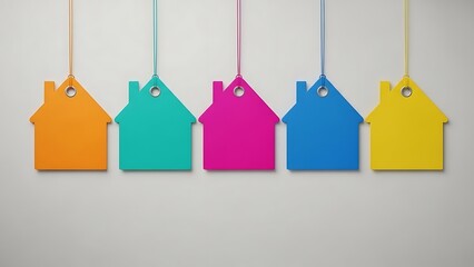 Five colorful house shaped tags hanging against a white background