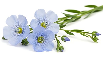 Close up of three flax flowers with buds and stem on white background