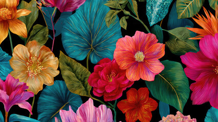 A vibrant, lush pattern of exotic tropical flowers and leaves in rich jewel tones against a dark background, showcasing artistic detail.