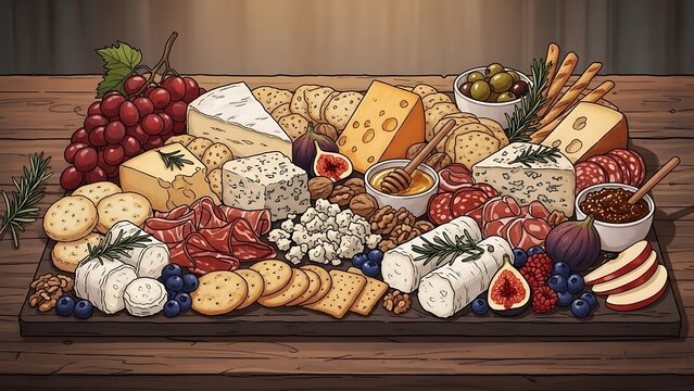 An elaborate illustration of a gourmet charcuterie board with artisanal cheeses, cured meats, fresh fruits, and honey on a wooden platter