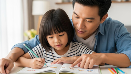 Asian dad helping child with schoolwork at home during daytime  