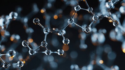 High tech molecular lattice made of glossy crystal nodes and thin metallic connectors, softly illuminated, clinical futuristic look, space centered