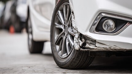 Close-up view of a damaged white car bumper with a nearby tire, showing cracked surface, broken structure, scratched paint and the clear signs of collision impact in an automotive accident scene