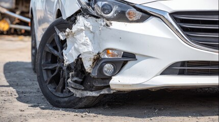 Fototapeta premium Close-up view of a damaged white car bumper with a nearby tire, showing cracked surface, broken structure, scratched paint and the clear signs of collision impact in an automotive accident scene