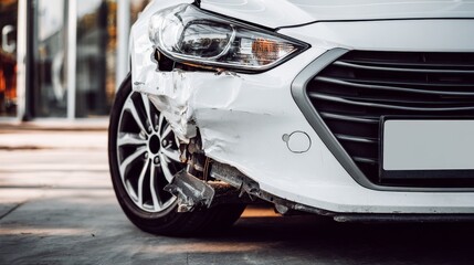 Close-up view of a damaged white car bumper with a nearby tire, showing cracked surface, broken structure, scratched paint and the clear signs of collision impact in an automotive accident scene