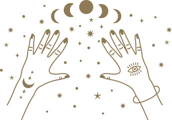 Hands holding celestial moon phases and stars