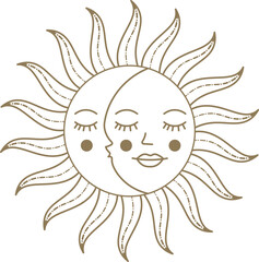 Celestial sun and moon faces embracing cosmic harmony