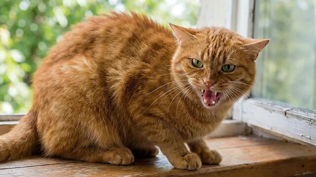 A vivid close-up captures a ginger tabby cat on a rustic wooden windowsill, exhibiting a clear display of aggression and defense. The feline's fur is visibly bristling along its back, its ears are fla