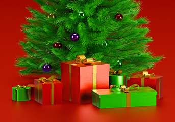 Decorated Christmas tree with presents for new year on red background