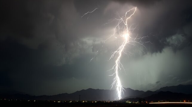 Powerful lightning, storm, night, sky, energy and electric strike hitting a tall lightning rod, showing intense weather, danger, cloud detail and natural power