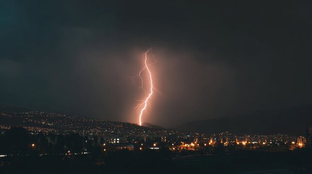 Powerful lightning, storm, night, sky, energy and electric strike hitting a tall lightning rod, showing intense weather, danger, cloud detail and natural power