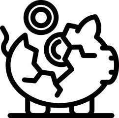 Broken piggy bank is losing coins, symbolizing economic crisis and financial instability