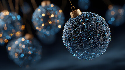 Uturistic wireframe christmas balls in low poly 3d style on blue background featuring glowing lines and digital festive decoration, perfect for modern merry christmas and new year 2026 banner design w