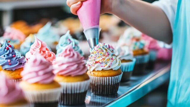 A baker carefully decorates cupcakes with frosting, adding a sweet, colorful touch that makes these delightful treats even more appealing for any dessert lover.