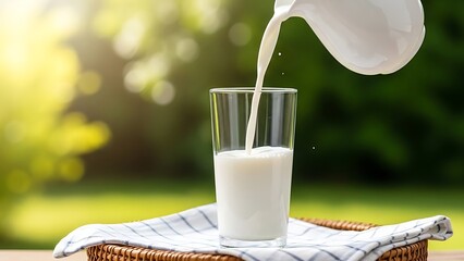 Pouring milk from a pitcher into a glass on a woven basket outdoors