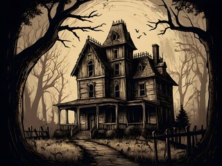 Eerie haunted house beckons with spooky charm, perfect for Halloween designs and gothic horror themes with a vintage feel and atmospheric mood