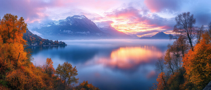 A delightful sunrise over a mountain lake surrounded by forests in autumn colours conveys the harmony of nature and is ideal for an atmospheric backdrop to presentations on travel or eco-tourism.