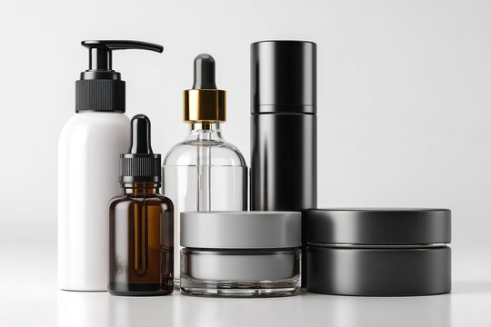 Conjunto de envases cosm&eacute;ticos vac&iacute;os en tonos neutros y elegantes sobre fondo blanco, incluyendo dispensadores, goteros y tarros de diferentes materiales
