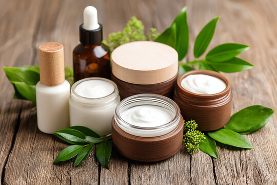 Envases de cosm&eacute;tica natural con cremas sobre fondo de madera, acompa&ntilde;ados de hojas verdes y frascos de vidrio con gotero
