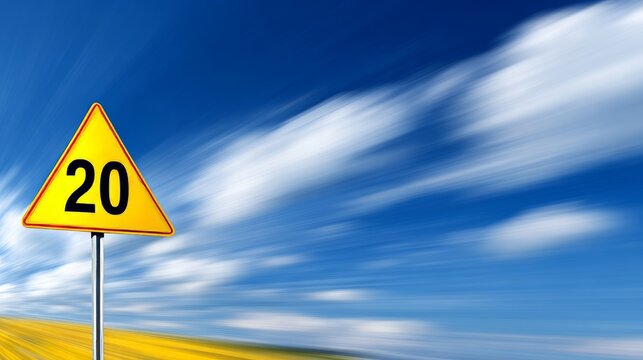 Yellow speed warning sign with clear copy space on a bright sky backdrop, featuring a bold 20 limit symbol, road caution elements, safety message and traffic guidance in a clean minimal background