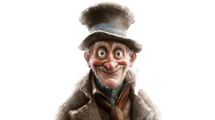 Smiling dickens character wearing top hat and overcoat on transparent background