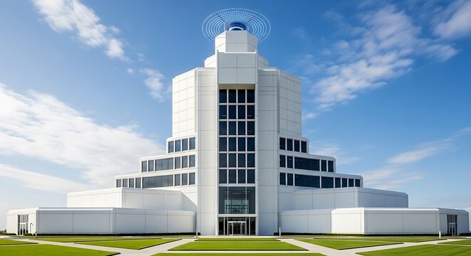 Striking modern white architectural structure under a clear blue sky, featuring a unique tiered design and a futuristic circular element on its summit, surrounded by lush green lawns - Powered by Adobe