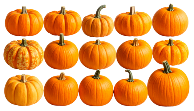 A set of pumpkins arranged together, showcasing vibrant autumn colors and natural textures, perfect for fall themes, harvest season, Halloween, and festive decoration visuals.