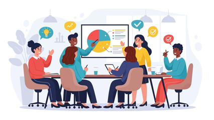 Business team collaborating during a meeting to discuss marketing strategies and data analysis