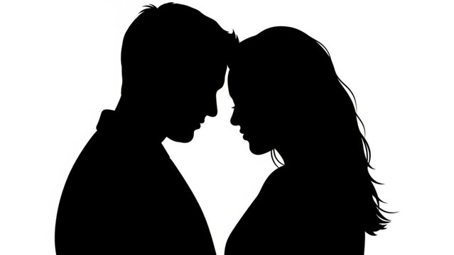 Silhouette of a couple facing each other with their foreheads touching in a romantic moment of intimacy