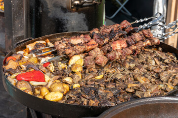 Grilled Meat Skewers and Roasted Vegetables on Open Fire