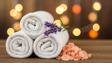 Rolled towels with lavender and pink salt on wooden surface bokeh