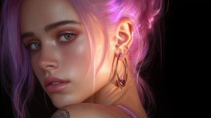 Naklejka premium Young woman with light purple hair and earrings poses with a thoughtful expression in soft lighting