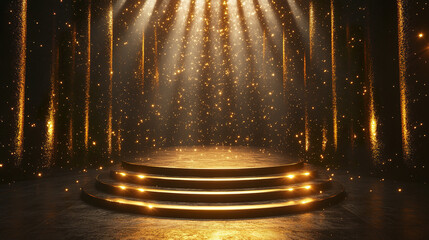 Golden stage with sleek podium surrounded by shimmering golden particles and illuminated by bright spotlights, creating luxurious and elegant atmosphere for presentations or awards