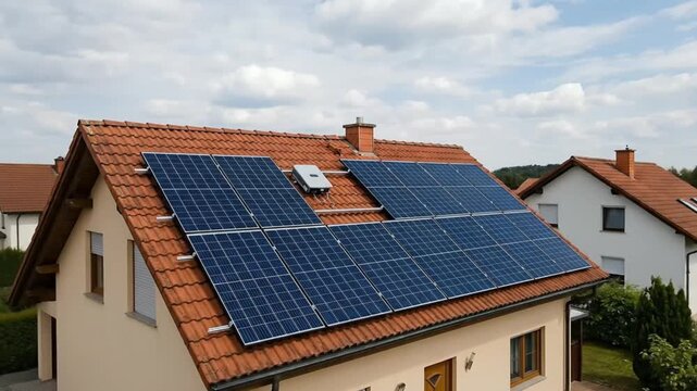 An aerial view showcases multiple solar panels cleanly installed on the red-tiled roof of a modern residential house, bathed in bright daylight under a partly cloudy sky. This scene effectively illust