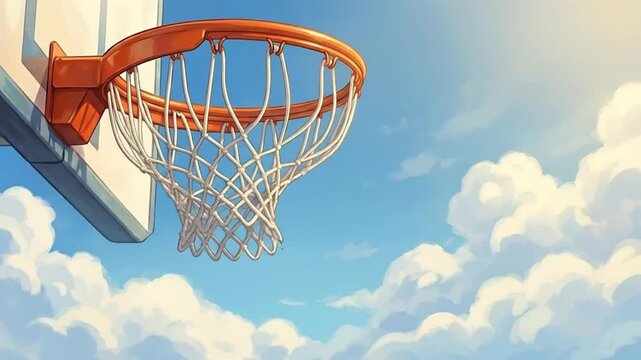 An animated basketball cleanly drops through a hoop, creating a satisfying swish against a beautifully rendered vibrant blue sky filled with soft, fluffy white clouds. This captivating cartoon-style v