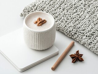 Still life composition featuring a coffee cup with pecan, a knitted blanket, spices, and a wooden stick on a white surface. The image evokes a cozy and warm atm