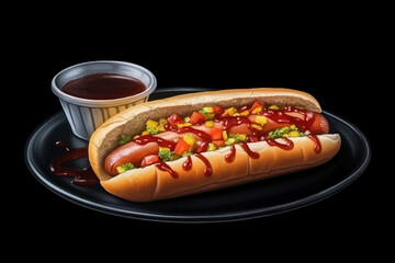 Hot Dog Sandwich and plate Vector Illustration Tasty Fast Food with Sausage, Mustard, Vegetables and Sauce on Black Background