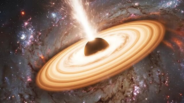 An awe-inspiring digital simulation of a cosmic phenomenon, depicting a powerful central gravitational mass at the heart of a swirling, superheated accretion disk. Intense orange and yellow energy rad