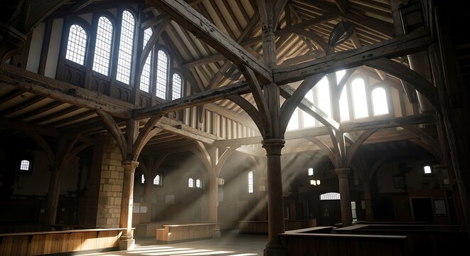 Dramatic light rays illuminate the grand, empty interior of an ancient timber hall, showcasing historic architecture and a serene atmosphere