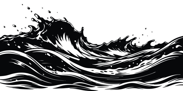 Monochrome artwork showcasing stylized ocean waves with splashes and fluid motion design element
