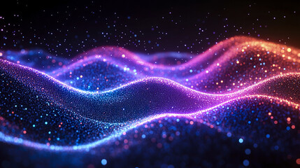 Obraz premium Glowing abstract wave landscape with vibrant neon particles in blue, purple, and orange colors creating dynamic and futuristic digital background full of energy and depth
