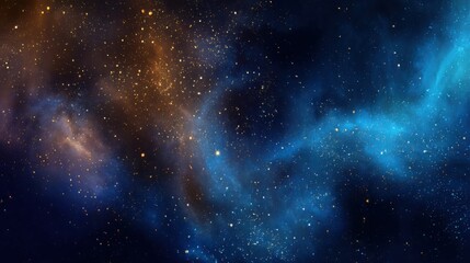 Obraz premium Luxury cosmic background with deep sapphire blue nebula clouds, soft glowing dust particles, subtle golden sparkles, elegant smooth gradients