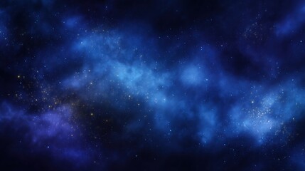 Luxury cosmic background with deep sapphire blue nebula clouds, soft glowing dust particles, subtle golden sparkles, elegant smooth gradients