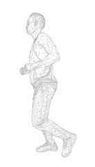 A low polygonal wireframe man running on a white background, composed of various geometric shapes and lines forming an intricate design.