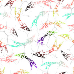 Colorful seamless arrows pattern on cracked white background. Abstract modern design for textiles, fashion, wallpapers, digital projects, sports branding and creative surface design.