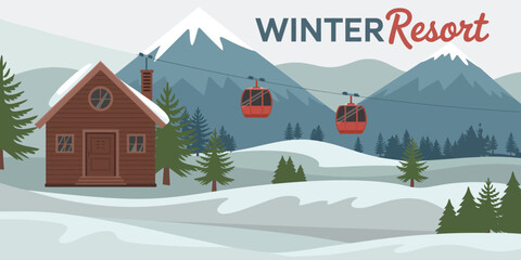Winter resort posters alpine ski destination artwork with snowy mountains, tourism promotion graphics, clean vector banner style and seasonal holiday travel illustration