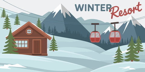Winter resort posters alpine ski destination artwork with snowy mountains, tourism promotion graphics, clean vector banner style and seasonal holiday travel illustration