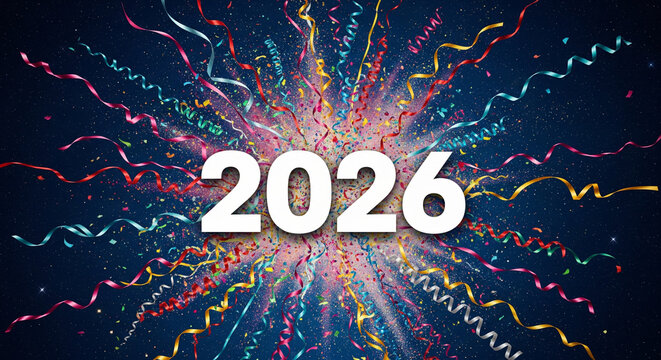 Celebrate 2026 with vibrant confetti burst and streamers, perfect for New Year's, milestones, and future planning, creating excitement and anticipation