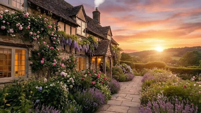 An enchanting, traditional stone cottage nestled in a vibrant garden at sunset. Climbing roses, wisteria, and lavender adorn the charming house, with warm light glowing from its windows and gentle smo